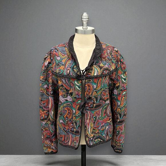 Miss H Women's Vintage Floral Paisley Quilted Jacket Large Black Green - Picture 1 of 12